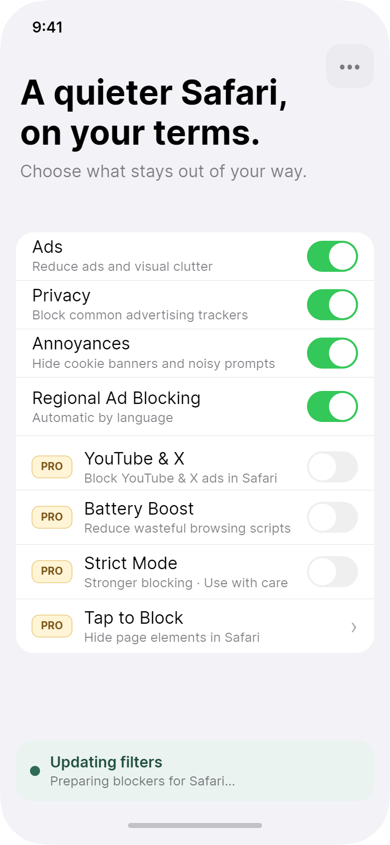 Stillwall Home screen with category controls